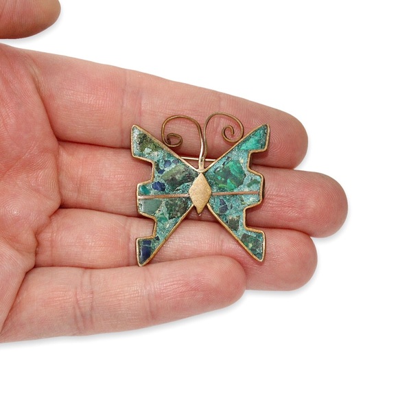 Vintage Tumbaga Mexico Butterfly Brooch Pin Azurite Malachite Inlay Gold Copper - Picture 2 of 4